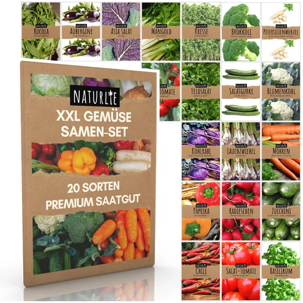 20er Gemüse Samen Set von Naturlie, 20 Sorten Premium Gemüse Saatgut im Gemüseset für den Anbau im Garten, Hochbeet oder Balkon - XXL Gemüsesamen Sortiment - Samenfestes Saatgut! - 
