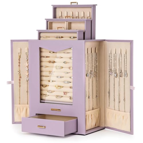 Homde Jewelry Organizer with Transparent Window Necklace Hooks Gift for Women Jewelry Box Display Case for Necklaces Rings Earrings Bracelets and Other Jewelry Accessories (Grey Purple) - Grey Purple