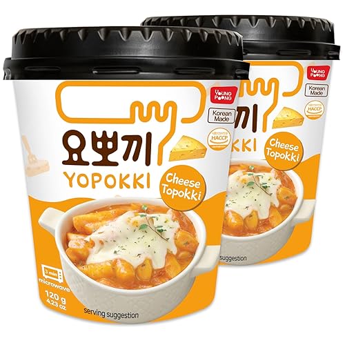 Yopokki Instant Tteokbokki Cup (Cheese, 2 Cups) Korean Street food with cheese flavored sauce Topokki Rice Cake - Quick & Easy to Prepare - Cheese