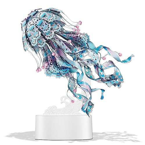 Piececool 3D Puzzles for Adults, Jellyfish Night Light with USB Plug, Ocean Animals 3D Metal Model Building Kits, DIY Assembling Arts and Crafts - Blue