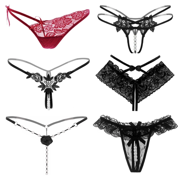 Carl Set med 6 sexiga spetstrosor för kvinnor, sexiga trosor i sidenspets för kvinnor, set med 4 st, svart, L