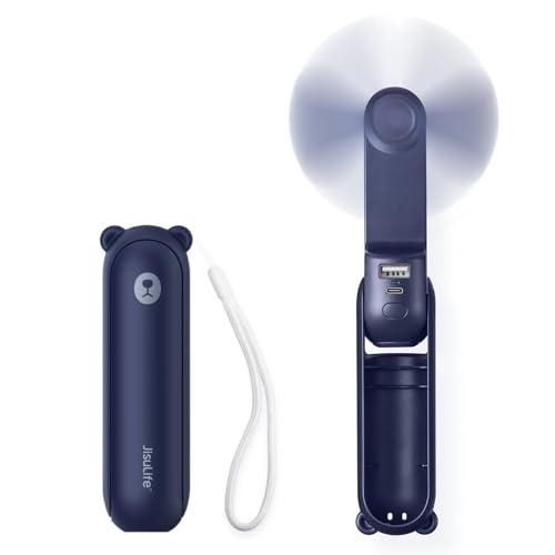 JISULIFE Handheld Mini Fan, 3 IN 1 Hand Fan, USB Rechargeable Small Pocket Fan [12-19 Working Hours] with Power Bank, Flashlight, Portable Fan for Travel/Summer/Concerts, Gifts for Women(Dark Blue) - Blue