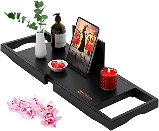 ROYAL CRAFT WOOD Bathroom Caddy Organizer & Bathtub Tray Product Holder - Bathroom Storage (Black Bamboo) - Black Bamboo