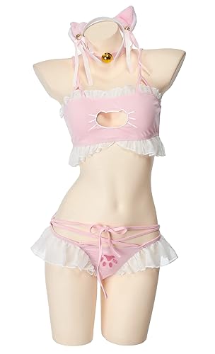 MEOWCOS Women's Cosplay Lingerie Set Cute Cat Girl Lingerie Sets Cosplay Outfit with Necklace and Headdress - Pink White - Small-Medium
