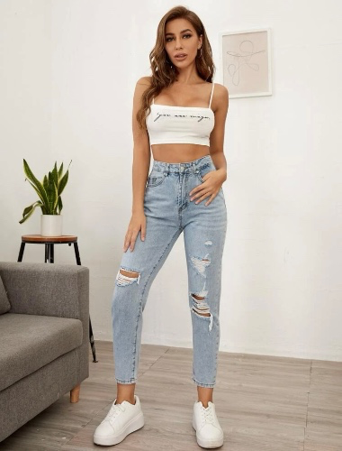 High waisted denim ripped jeans 