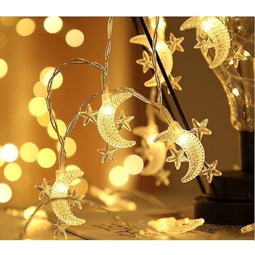 Fielegen 40 LED Moon String Lights Battery Operated 20ft Moon Mini Star Fairy Lights for Patio Garden,Wedding Garden Decoration,Party Festival Lights, Ramadan Decorations Light - Moon&Star