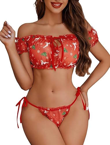 Avidlove Bra and Panty Set Ruffle Lingerie Set Mesh Babydoll Chemise - Medium - Christmas Elk