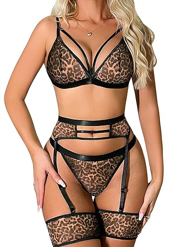popiv Women's Sexy Lingerie Set with Garter Belt Matching Bra and Panty Lingeries Sets 4 Piece - Medium - Mesh Cheetah