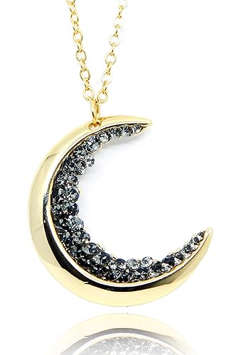 MignonandMignon Dainty Crystal Jewelry Gold Crescent Moon Necklace Black Diamond Graduation Gift for Her Celestial Halloween Anniversary - ZCMN