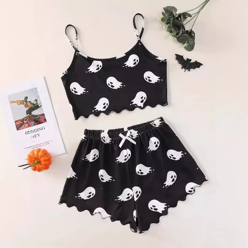 Ghost Print Camisole Shorts and Top Set - black / S