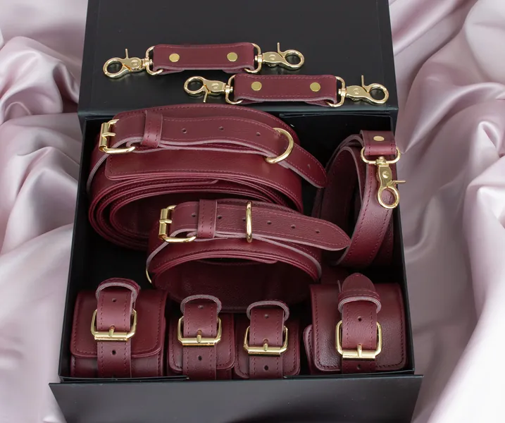 Luxury Leather BDSM Bondage Set, Restraint Fetish Kit, Hand Ankle Thigh Cuff, Collar with Leash, Waist Belt, Bondage Harness, Gift for Her