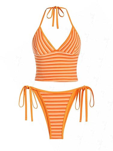 seamoly Red Gingham Floral Printed Halter Tie Side Chic Tankini Set - Orange-1 - Small