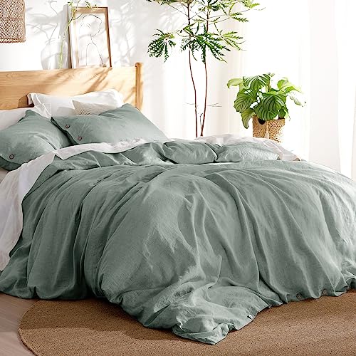 Bedsure Linen Duvet Cover Queen - Linen Cotton Blend Duvet Cover Set, Sage Green Linen Duvet, 3 Pieces, 1 Duvet Cover 90 x 90 Inches and 2 Pillowcases, Comforter Sold Separately - Queen (90" x 90") - 07 - Sage Green (No Comforter)