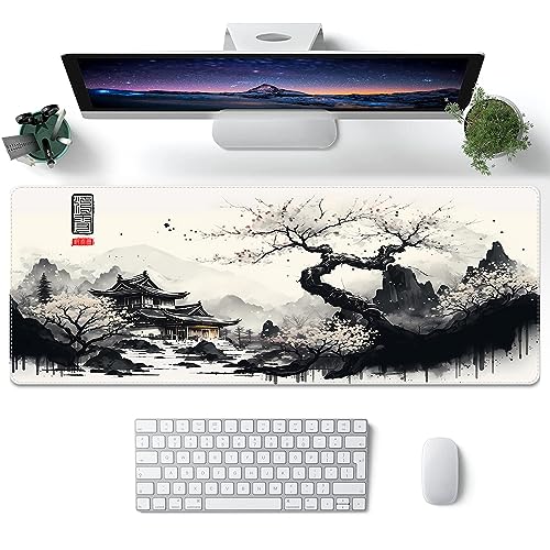 ProbTis Japanese White Mouse Pad, Large Cherry Blossom Desk Mat, XL Anime Gaming Keyboard Mat, Non-Slip Rubber Base, Big Extended Desk Protector for Home Office, 31.5"x11.8" (River Snow) - River Snow