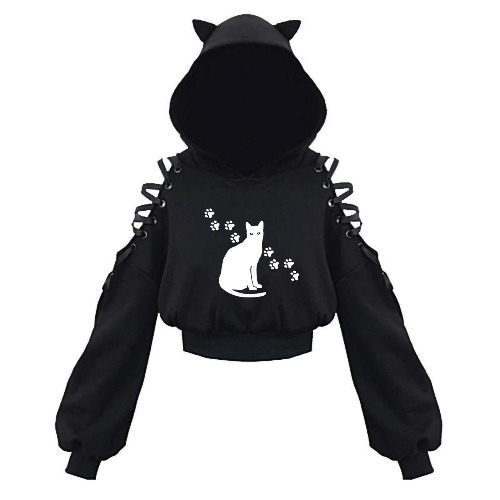 Damtröja med huva och söta kattöron, svart huvtröja, sexig snörning, snitt med bara axlar, vardaglig topp, ihålig långärmad huvtröja, sweatshirt, cosplaykostym för tonårstjejer, plusstorlek - 5XL - Svart L