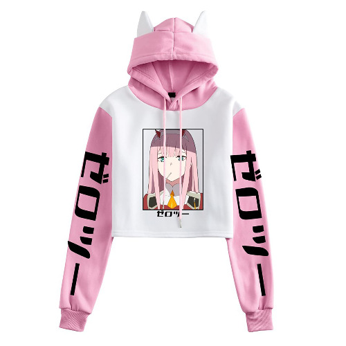 acsefire Kvinnor Tonårsflickor Tops Darling In The Franxx Hoodie Zero Two Långärmade Toppar Anime Graphic Prints Cat Ear Cropped Hoodie Pullover Sweatshirt - XXL - #4