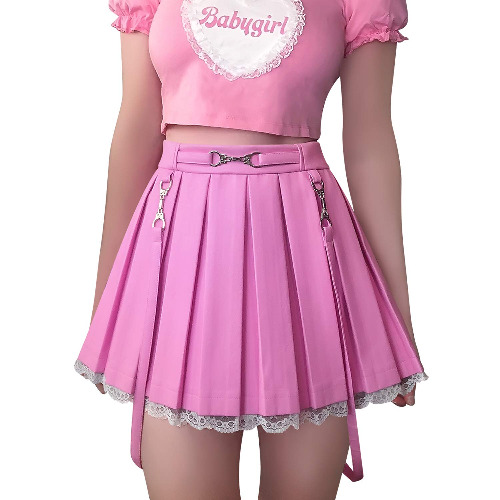 LittleForBig Damer A-linje veckad PU konstläder Flared Casual spets Mini kjol - Troublemaker - 4XL - Rosa