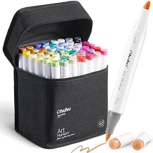 Ohuhu Alcohol Markers Brush Tip: 48-Color Double Tipped Art Marker Set for Artist Adults Coloring Illustrations -Honolulu -Brush & Chisel -Refillable - Chisel & Brush