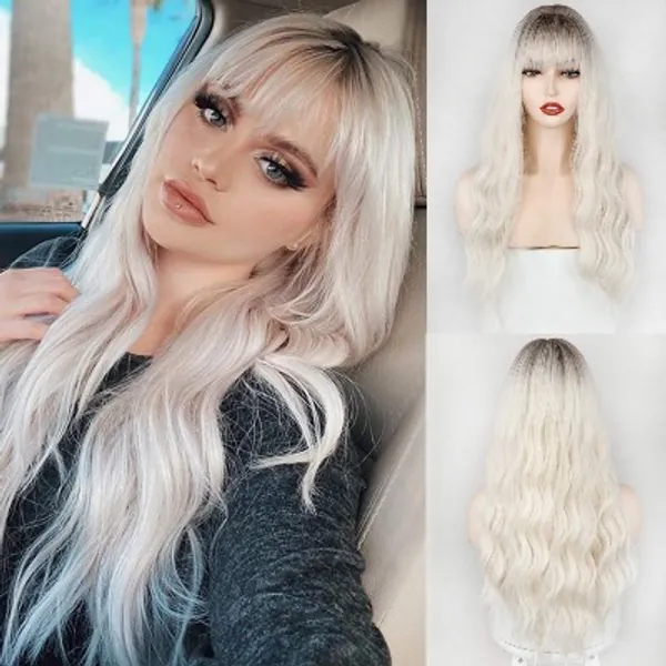 MERISIHAIR Ombre Synthetic Wig with Bangs, Long Wavy Wig for Women,Platinum Blonde Wig Dark Roots 24 inch(Platinum Blonde)