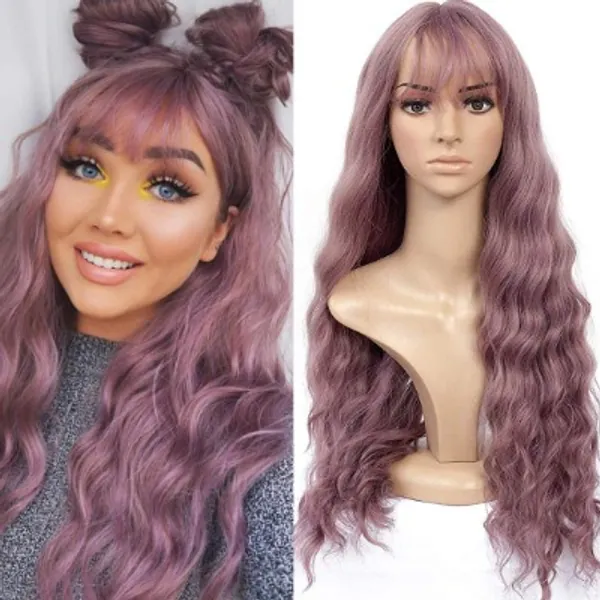 HUA MIAN LI Long Wavy Wig With Air Bangs Silky Full Heat Resistant Synthetic Wig for Women - Natural Looking Machine Made Grey Pink 26 inch Hair Replacement Wig for Party Cosplay Body Wavy (Pink)