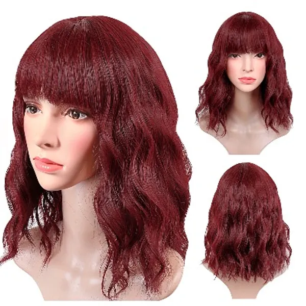 Anzid Red Wig with Bangs, 14" Red Wigs for Women Short Curly Wig Synthetic Shoulder Length, Colorful Wigs for Women Natural Looking Heat Resistant Wine Red Wig for Girl Daily Party Use