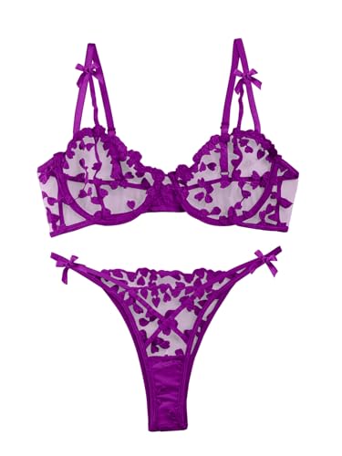 Lilosy Sexy Underwire Cute Push Up Strappy Embroidered Mesh Sheer Lingerie Set See Through Panty Bra - Bowless - Medium - Purple