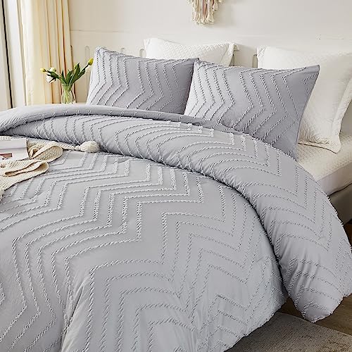 Litanika Light Grey Comforter Set King Size, 3 Pieces Boho Summer Chevron Tufted Bedding Set & Collections, All Season Bed Set (104x90In Comforter and 2 Pillow Shams) - King (104"x90") - Light Grey