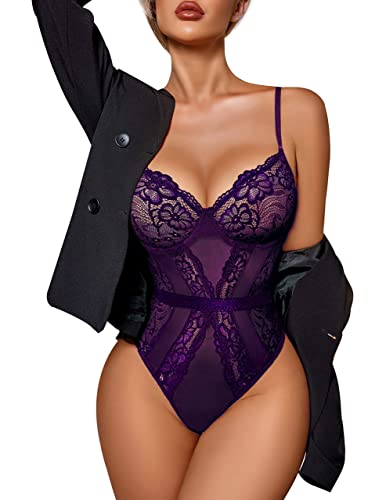 Avidlove Women Lingerie Bodysuit Lace Teddy Snap Crotch One Piece Underwire Babydoll - Purple - Small