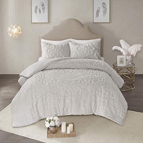 Madison Park Laetitia Comforter Bohemian Tufted Cotton Chenille, Medallion Shabby Chic All Season Down Alternative Bed Set with Matching Shams, Floral Grey King/Cal King(104"x92") 3 Piece - Floral Grey - King/Cal King(104"x92")