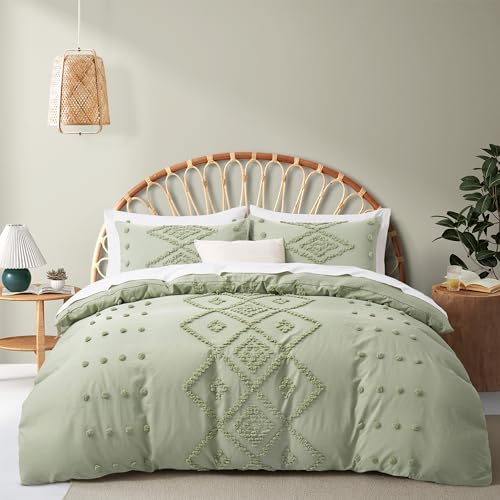 Oli Anderson Tufted Duvet Cover King Size, Soft and Lightweight Duvet Covers Set for All Seasons, 3 Pieces Boho Embroidery Shabby Chic Bedding Set (Mist Sage, King, 104" x 90") - King(104"×90") - Mist Sage1#