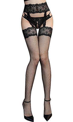 Confonze Fishnet Thigh-High Stockings Sexy Lace Top Suspender Pantyhose High Waist Mesh Tights for Women - One Size - Black_7345