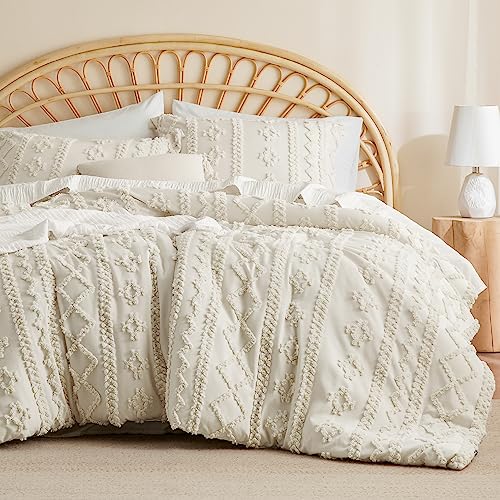 Bedsure Tufted Boho Comforter Set King - Beige Boho Bedding Comforter Set, 3 Pieces Farmhouse Shabby Chic Embroidery Bed Set, Soft Jacquard Comforter for All Seasons - King - 11 - Beige - Elegant
