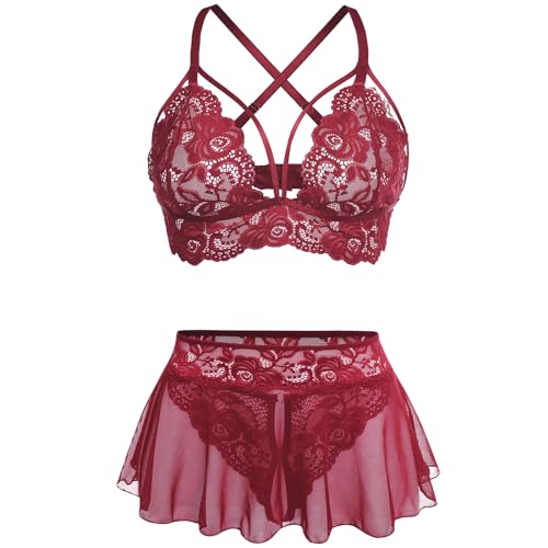 GIEAUAU Sexy Lingerie for Women Naughty 3 Piece Bralette, Mini Skirt with G-String Crotchless Lingerie Set - Wine Red - Small