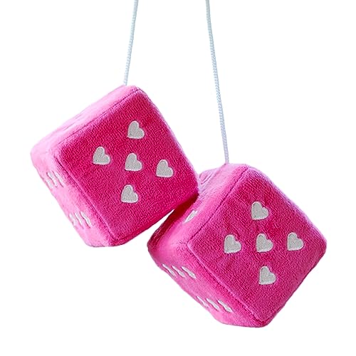 Pair Fuzzy Plush Dice for Car Rearview Mirror, 3" Retro Square Heart-Shape Decoration Dice for Hanging Car Accessories, Car Decorations for Women (BaBi)… - Pink-2
