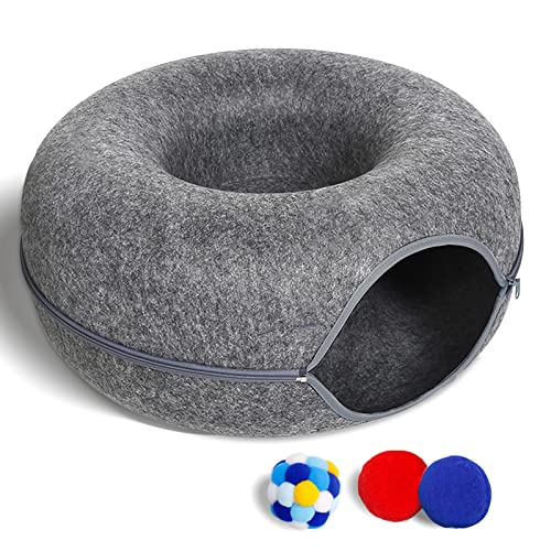 Cat Tunnel Bed for Indoor Cats with 3 Toys, Scratch Resistant Donut Cat Bed, Up to 9 Lbs (M 20x20x9, Dark Grey) - M(20x20x9) - Dark Grey