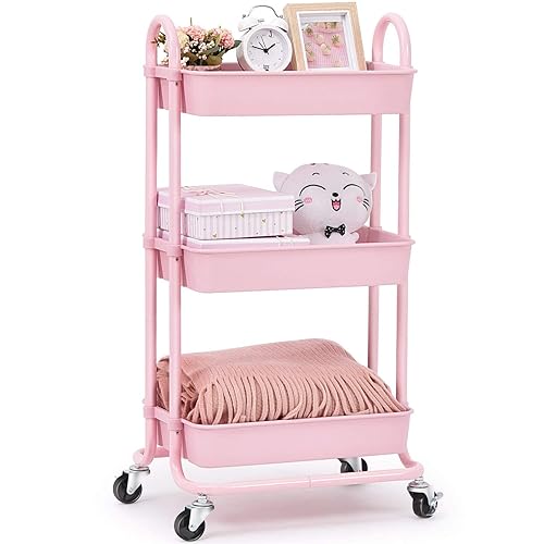 TOOLF Utility Cart, 3 Tier Rolling Storage Cart with Wheels, Storage Organizer for Lash Makeup Diaper Baby Nursery, Serving Baskets Trolley for Home, Office, Kitchen, Bathroom (Pink) - Pink