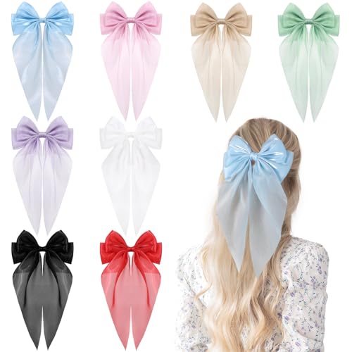8Pcs Big Tulle Hair Bows for Women Girls, Large Layered Bows Barrette Hair Clip Long Black Bows French Style Hair Accessories - Big Tulle Bow-C