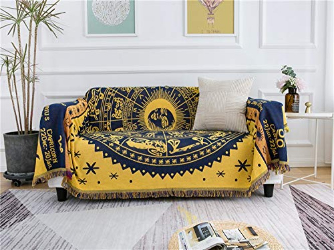 MayNest Boho Woven Throw Blanket Reversible Cotton Bohemian Tapestry Hippie Room Decor Witchy Astrology Zodiac Celestial Constellation Carpet Bed Chair Couch Sofa Cover Double Sided (Yellow, L: 91x71) - Yellow - L (L91" x W71")