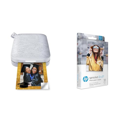HP Sprocket Portable Color Photo Printer (2nd Edition) – Instantly print 2x3" sticky-backed photos from your phone – [Luna Pearl] [1AS85A] and Sprocket Photo Paper, 50 Sheets - Luna Pearl - 50 Pack Paper Bundle