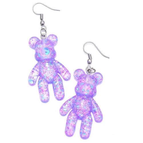 Kawaii Large Bear Earrings in Bright Glittery Colors - Purple