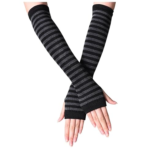 Fulltime Winter Gloves for Women Punk Gothic Long Arm Warmer Stripe Fingerless Gloves - Gray - Taille unique