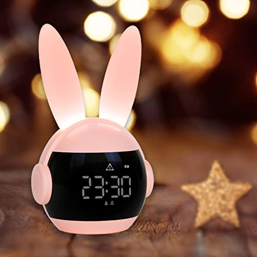 Vicloon Kids Alarm Clock, Night Light Kids Lamp Cute Rabbit Wake Up Kids Alarm Clock Bedside Lamp Snooze Function, Nightlight for Babies Baby Girl Newborn Kawaii Bedroom Decor Cute Room Decor (Pink) - Pink
