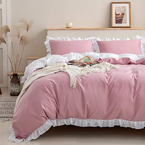 Loussiesd Ruffle Bedding Set, Super Soft Luxury Pink Washed Microfiber Comforter Cover Set, Shabby Chic Farmhouse Duvet Cover and Pillow Shams, Zipper Closure & Corner Ties Bedroom Decor 2Pcs Double - Double - Multicoloured 3