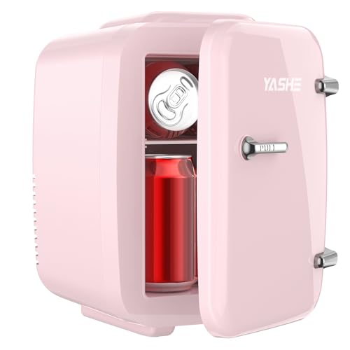 YASHE Mini Fridge, 4 Liter/6 Cans Small Fridgerator for Bedroom, AC/DC Thermoelectric Cooler and Warmer for Skincare Drink Office Dorm Car, Pink - Pink