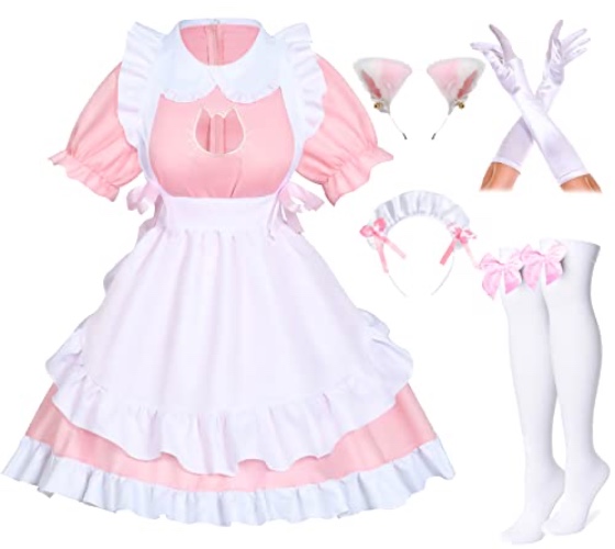 Wannsee Anime French Cat Maid Apron Fancy Dress Cosplay Costume Headwear Gloves Socks set - L - Pink