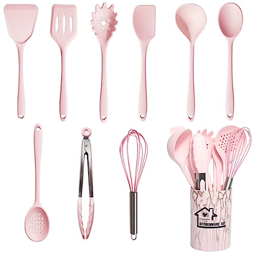 UXIYI Silicone Utensil Set Kitchen Utensils, 10pcs Cooking Utensils Set, Including Turner Spatula Cooking Tong Spoon Non-Stick Heat Resistant,Pink - Pink