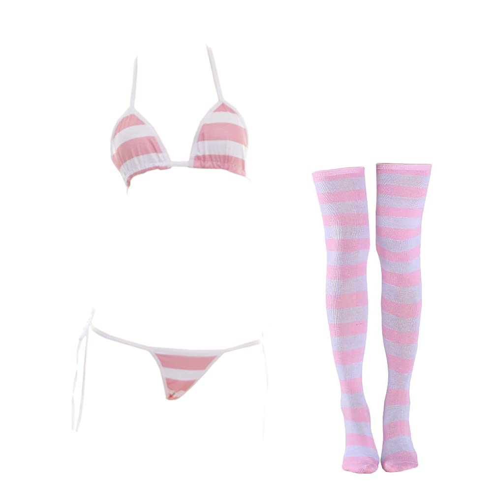 SINROYEE Sexy Lingerie Set for Women Japanese Anime Bikini Swimsuit Stripe with Striped Thigh High Socks