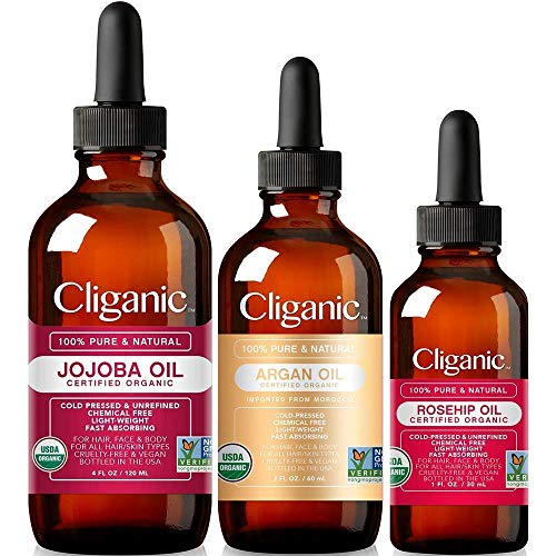 Cliganic Organic Carrier Oil Trio: Jojoba, Argan & Rosehip