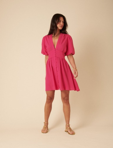 Pink Linen-blend Short Sleeve Starlight Mini Dress | 16