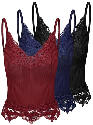 Bencailor 3 Pcs Women's Lace Tank Tops Y2k Camisole Lace Patchwork Crop Tops Grunge Style Ribbed Knitted Clothing - Medium - Burgundy, Navy Blue, Black